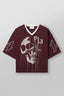 YoungLA Heavyweight Oversized V-Neck Mesh Jersey – Maroon Dripping Skull Graphic