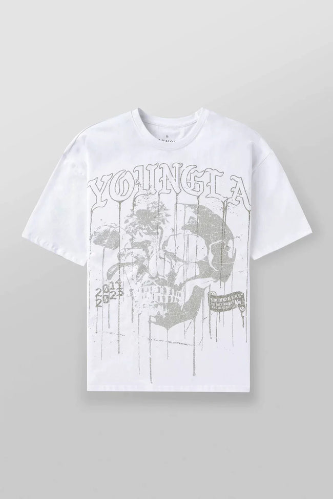 YoungLA Men's Heavyweight Oversized Graphic Tee – Drip Skull Vintage Wash T-Shirt Hover Image