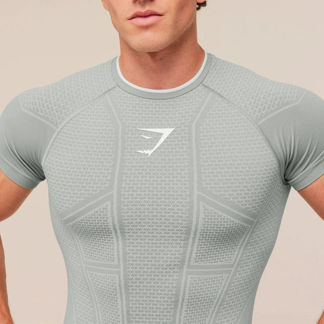 Light Grey Seamless Compression Gym Tee | Tight Fit Bodybuilding Pump Cover Hover Image