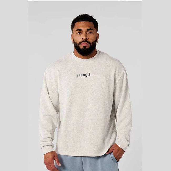 YOUNGLA- Light Oatmeal Grey Oversized Long-Sleeve Sweatshirt Hover Image