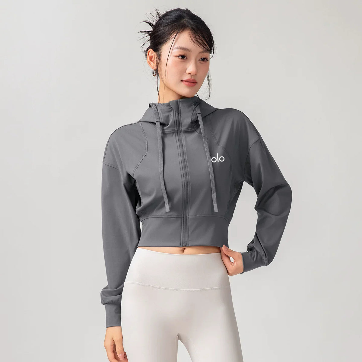 Alo Active Cropped Full-Zip Hoodie Grey