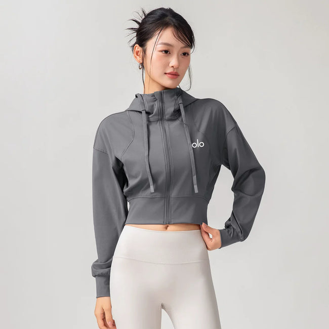 Alo Active Cropped Full-Zip Hoodie Grey Hover Image