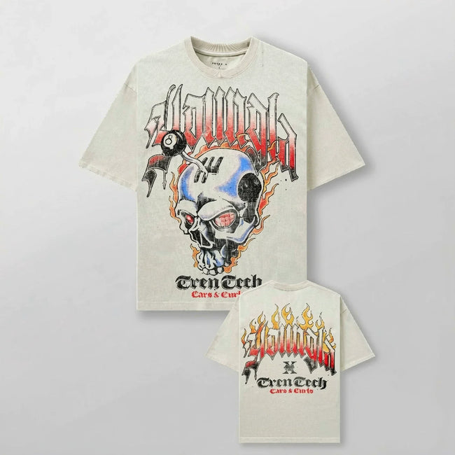 YoungLA Heavyweight Acid Wash Oversized Tee – Tren Tech Skull & Flames Graphic Hover Image