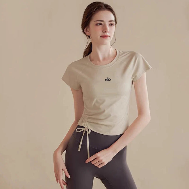 Alo Active Drawstring Ruched Performance Athletic Top Oatmeal Hover Image