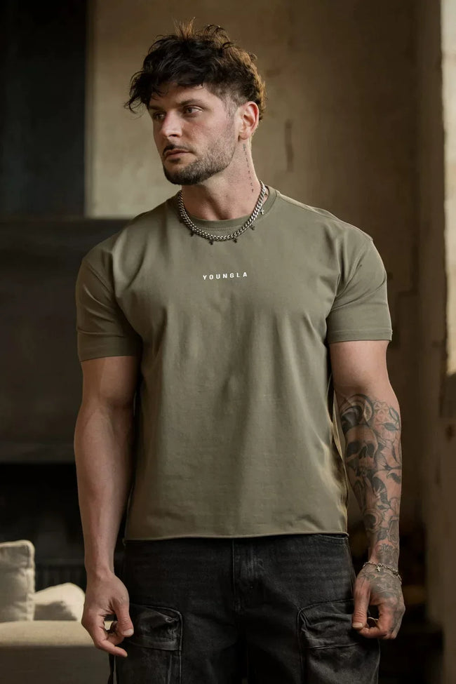 YoungLA Heavyweight Acid Wash Oversized Tee – Sage Olive Minimal Chest Logo Hover Image