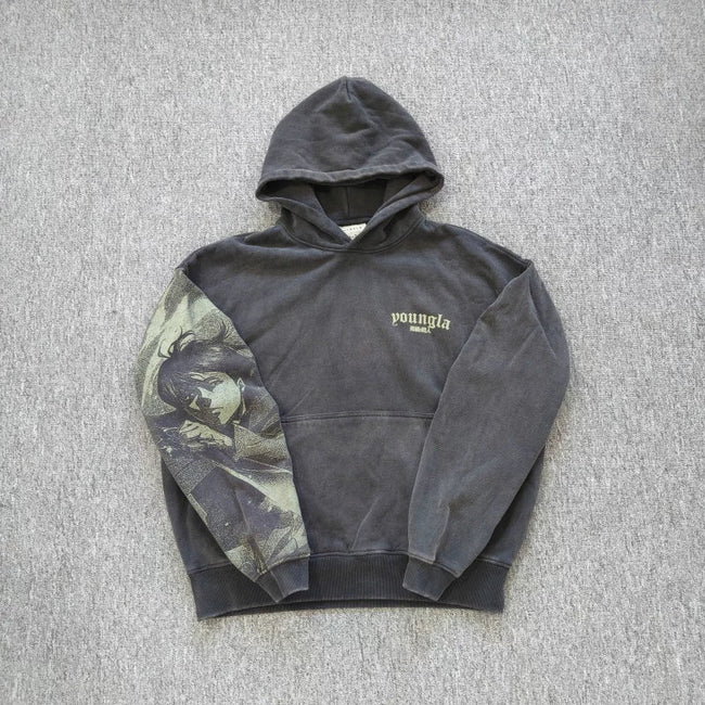 YOUNGLA- Washed Black Anime Character Sleeve Graphic Pullover Hoodie Hover Image