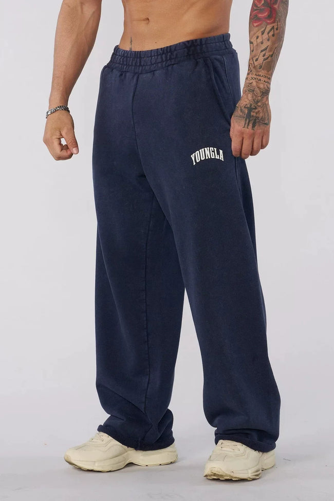 YOUNGLA Men's Arched Collegiate Logo Acid Wash Wide Leg Sweatpants Hover Image