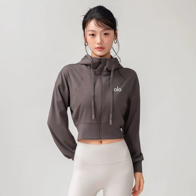 Alo Active Cropped Full-Zip Hoodie Brown Hover Image