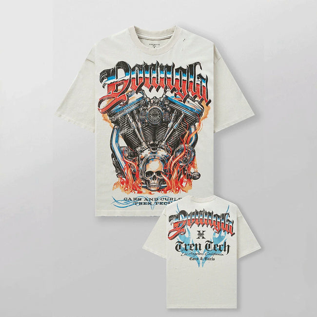 YoungLA Heavyweight Acid Wash Oversized Tee – Mechanical V-Twin Engine Off-White Graphic Hover Image