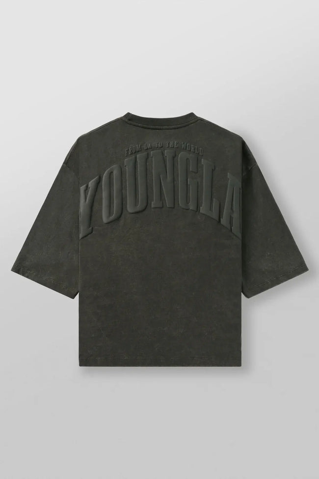 YoungLA Vintage Slate Grey 3D Embossed Arch Logo Oversized Shirt | Heavy Cotton Gym Pump Cover Hover Image