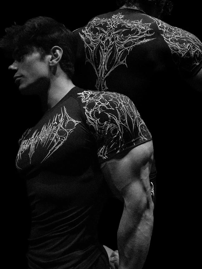 YoungLA Black Tribal Tattoo Shoulder & Back Compression Shirt | Skin-Tight Gym Pump Cover Hover Image