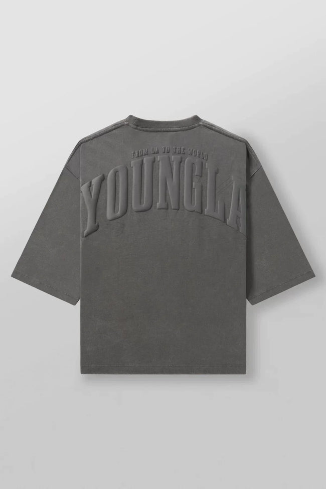 YoungLA Washed Dark Grey 3D Embossed Arch Logo Oversized Shirt | Heavy Cotton Gym Pump Cover Hover Image