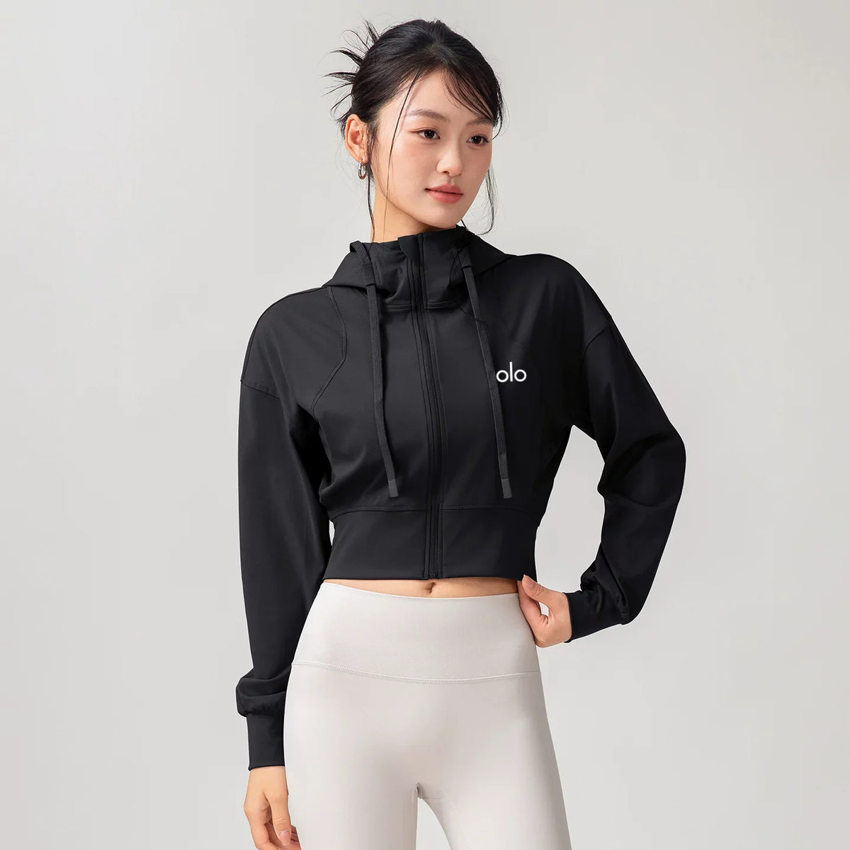 Alo Active Cropped Full-Zip Hoodie Black