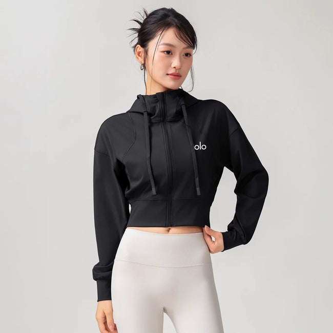 Alo Active Cropped Full-Zip Hoodie Black Hover Image