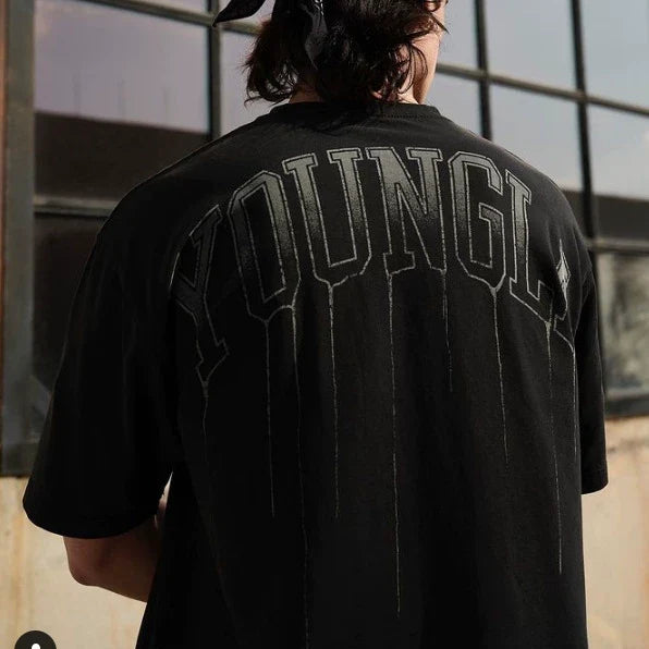YoungLA Heavyweight Acid Wash Oversized Tee – Acid Black Drip Arc Back Artwork Hover Image
