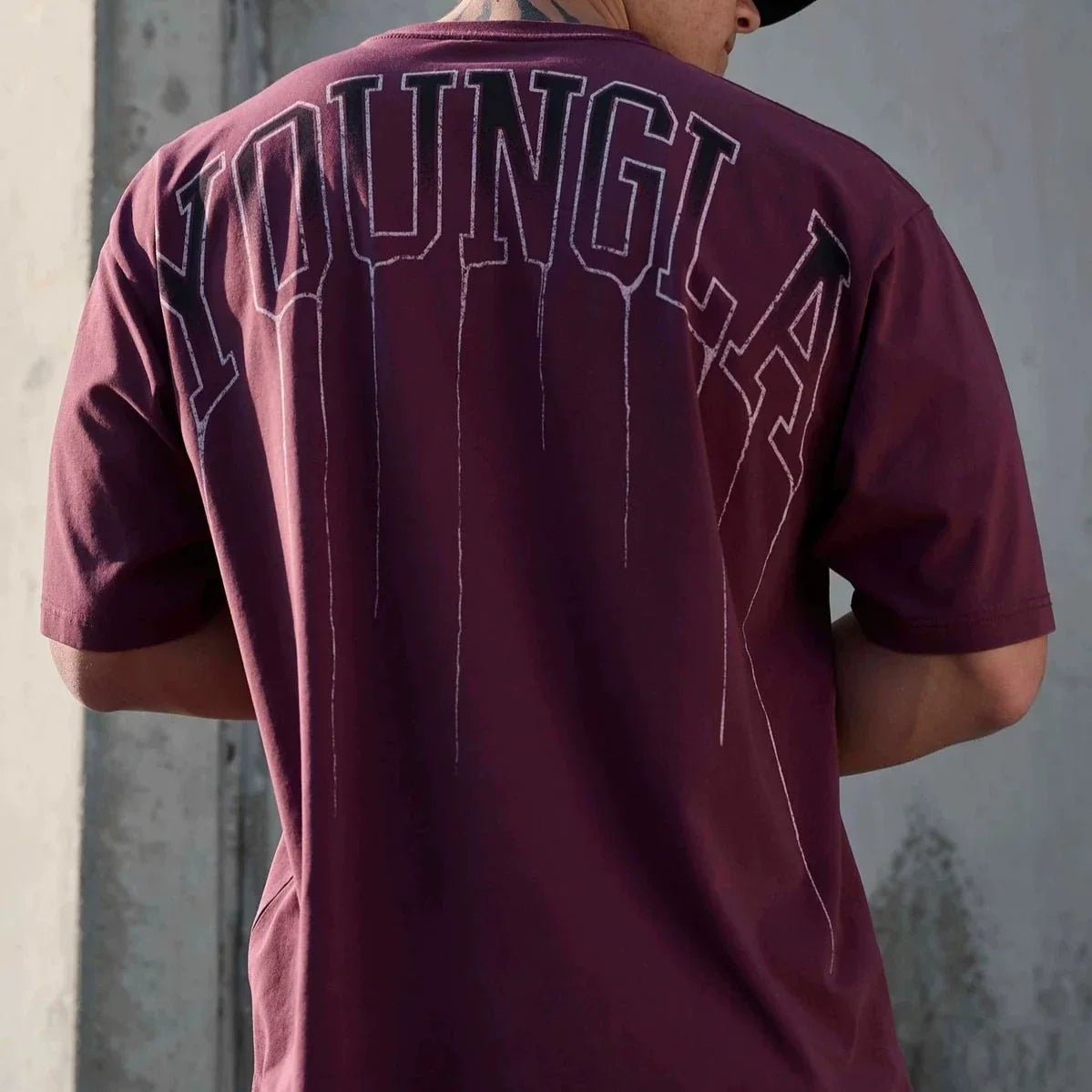 YoungLA Heavyweight Acid Wash Oversized Tee – Washed Maroon Drip Arc Back Artwork