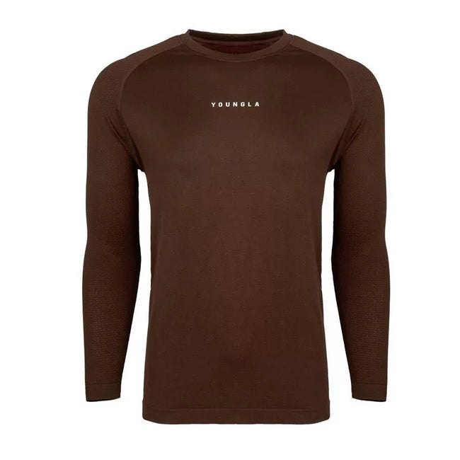 YOUNGLA- Brown Raglan Long-Sleeve Gym Shirt Hover Image