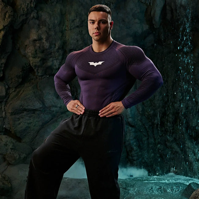 YOUNGLA Men's Superhero Honeycomb Armor Compression Long Sleeve Shirt Shadow Purple Hover Image