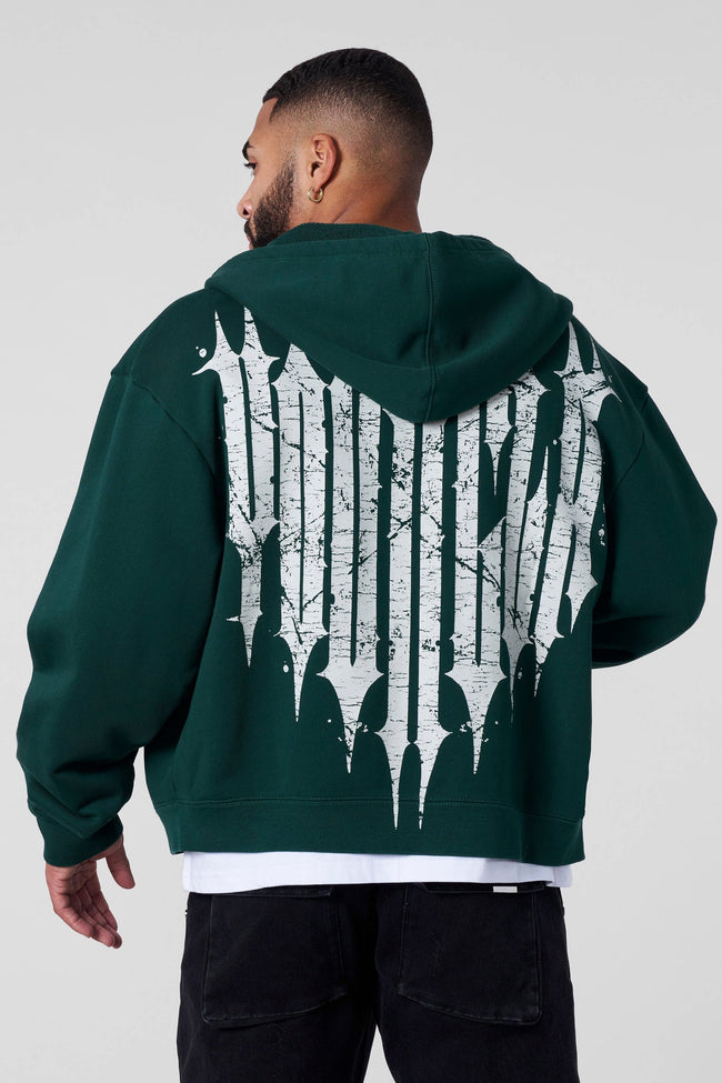 YOUNGLA- Dark Green Graphic Zip-Up Hoodie Sweatshirt Hover Image