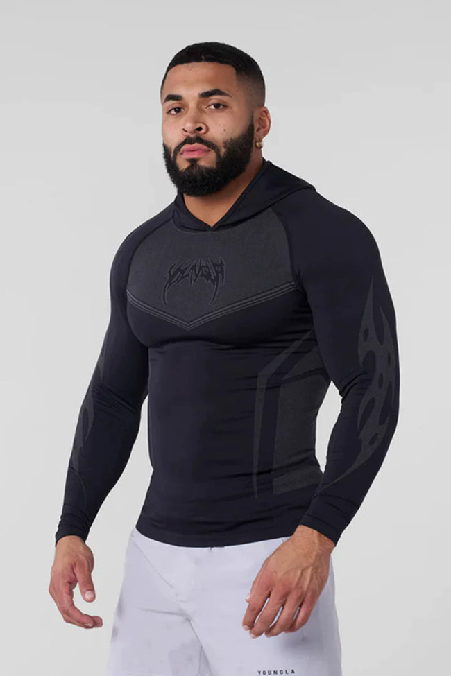 YOUNGLA- Black Fitted Long Sleeve Hooded Performance Shirt Hover Image