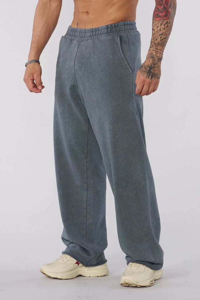 YOUNGLA Men's Arched Collegiate Logo & Blank Acid Wash Wide Leg Sweatpants Hover Image