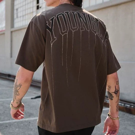 YoungLA Heavyweight Acid Wash Oversized Tee – Washed Brown Drip Arc Back Artwork Hover Image