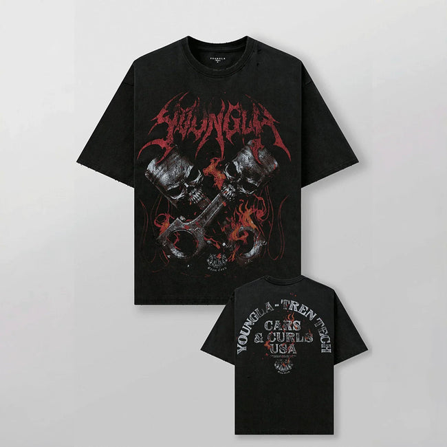 YoungLA Heavyweight Acid Wash Oversized Tee – Mechanical Piston Skull Graphic Hover Image