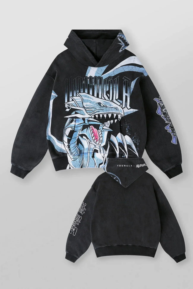 YOUNGLA- Washed Black Blue-Eyes White Dragon Anime Graphic Pullover Hoodie Hover Image