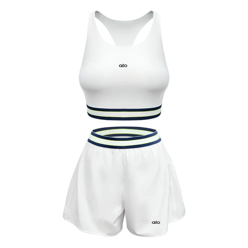 Alo Active Striped Band Sports Bra & Short Set White