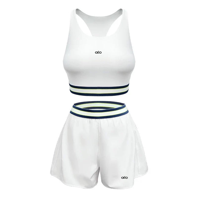 Alo Active Striped Band Sports Bra & Short Set White Hover Image
