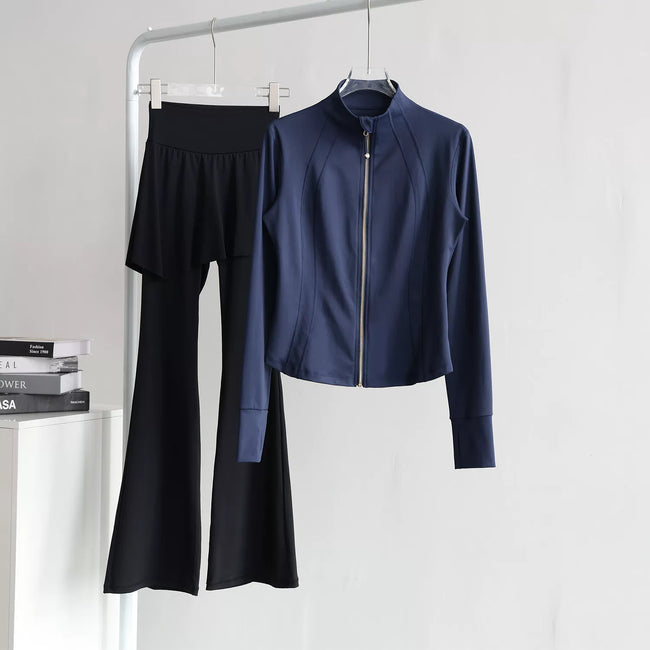 lululemon Stand-Collar Blue Jacket & Skirted Flare Black Pant Set Hover Image