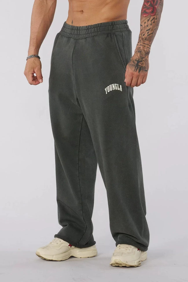 YOUNGLA Men's Arched Collegiate Logo Acid Wash Wide Leg Sweatpants Main Image