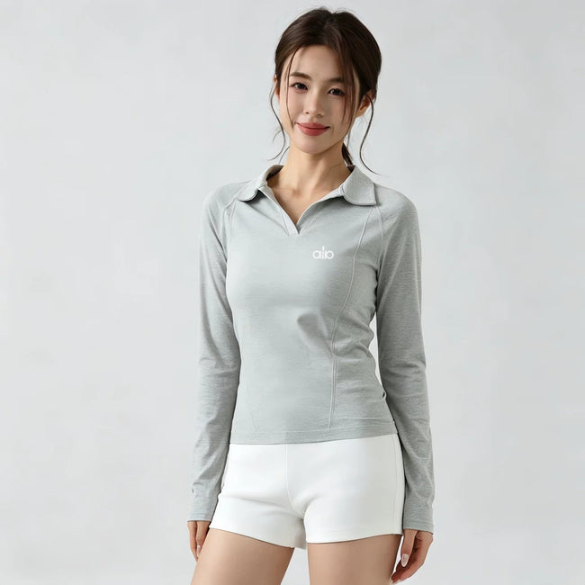Alo Active Long-Sleeve Polo Top Grey Hover Image