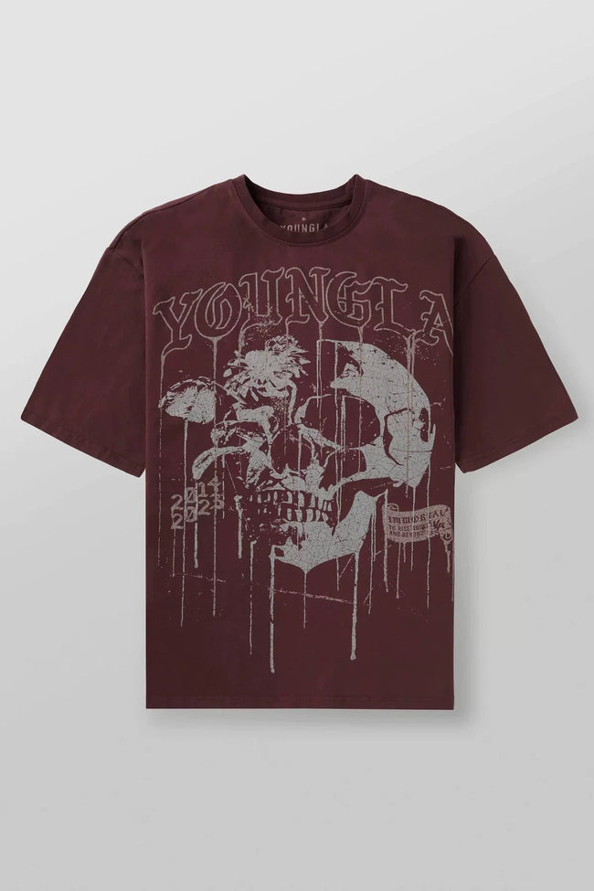 YoungLA Heavyweight Acid Wash Oversized Tee – Burgundy Drip Skull Graphic Hover Image