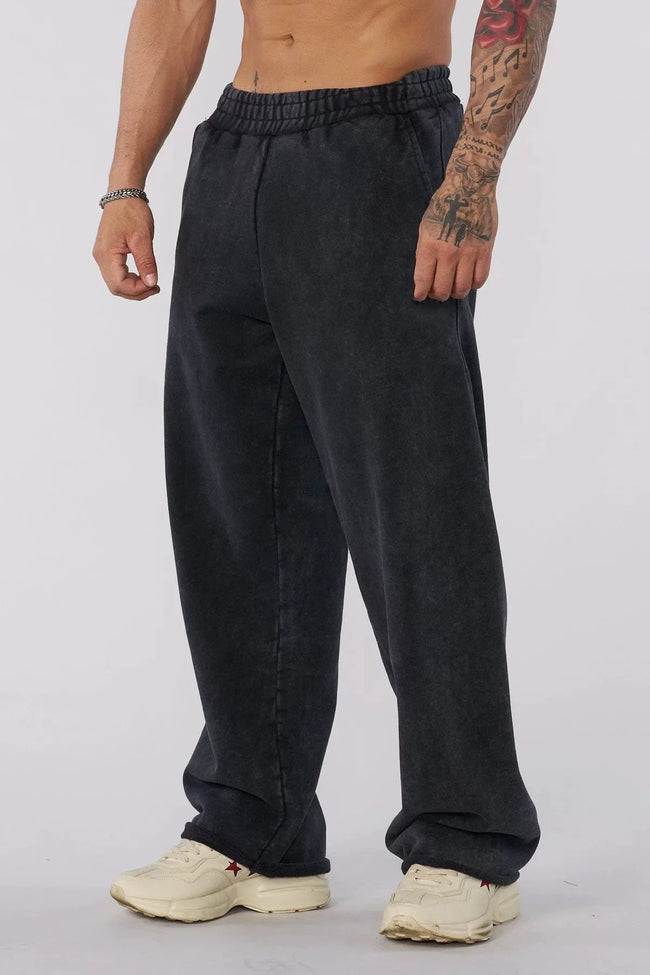 YOUNGLA Men's Arched Collegiate Logo & Blank Acid Wash Wide Leg Sweatpants Hover Image