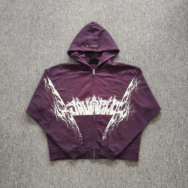 YOUNGLA- Washed Purple Gothic Graphic Zip-Up Hoodie Hover Image