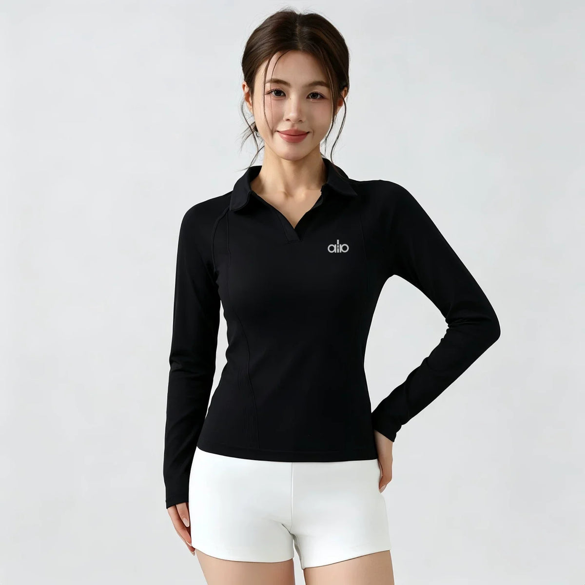 Alo Active Long-Sleeve Polo Top Black