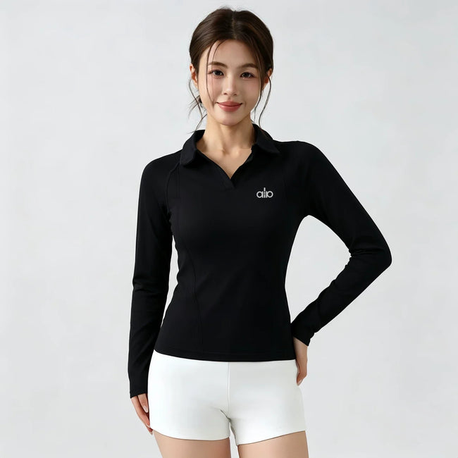 Alo Active Long-Sleeve Polo Top Black Hover Image