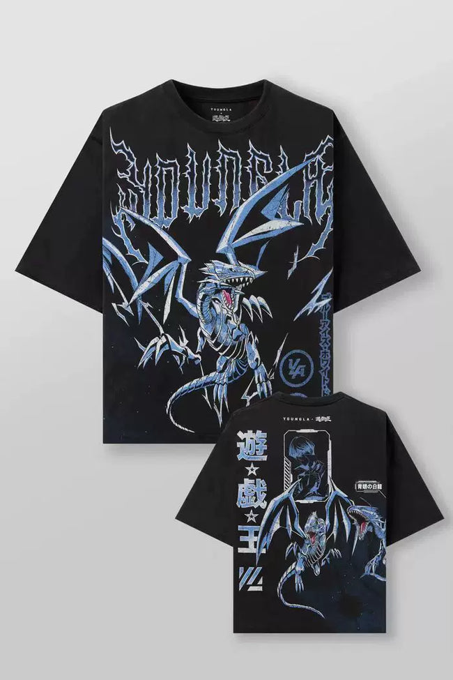 YoungLA x Yu-Gi-Oh! Heavyweight Acid Wash Oversized Tee – Blue-Eyes White Dragon Anime Graphic Hover Image