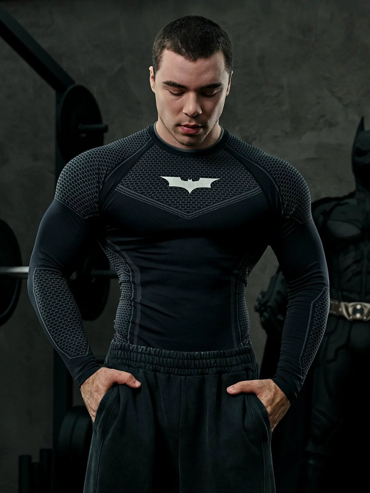 YOUNGLA Men's Superhero Honeycomb Armor Compression Long Sleeve Shirt Black