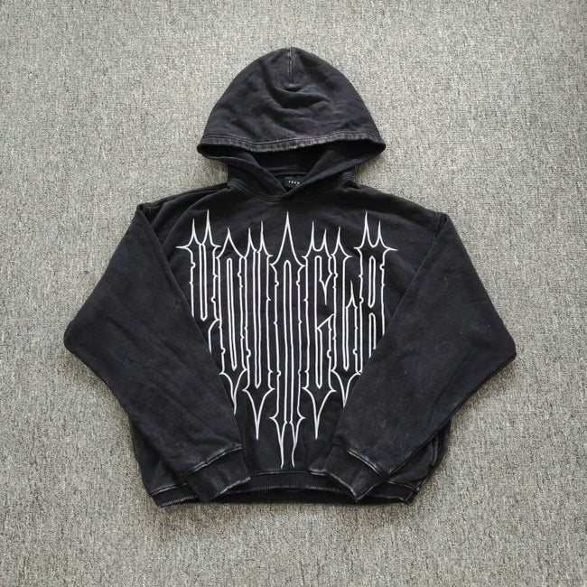 YOUNGLA- Black Graphic Pullover Hoodie Hover Image