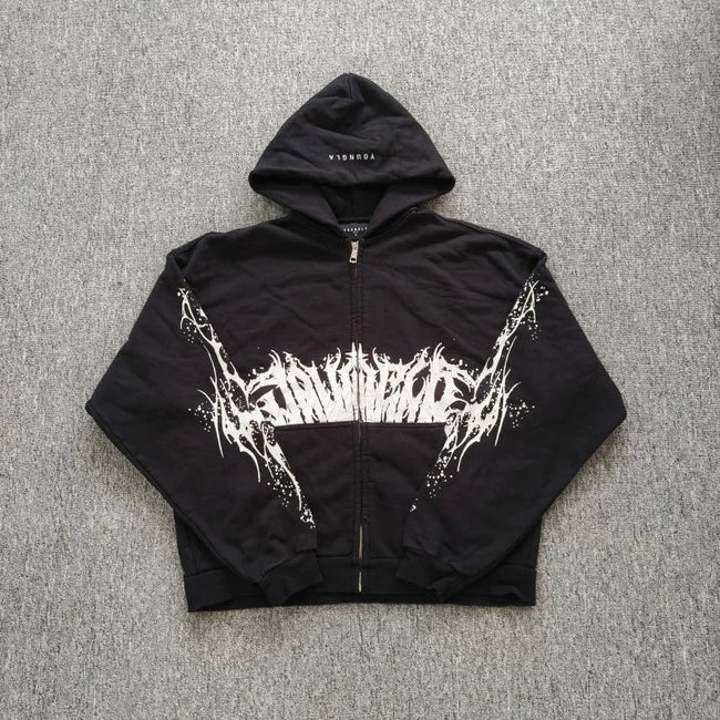 YOUNGLA- Black Gothic Graphic Zip-Up Hoodie Hover Image