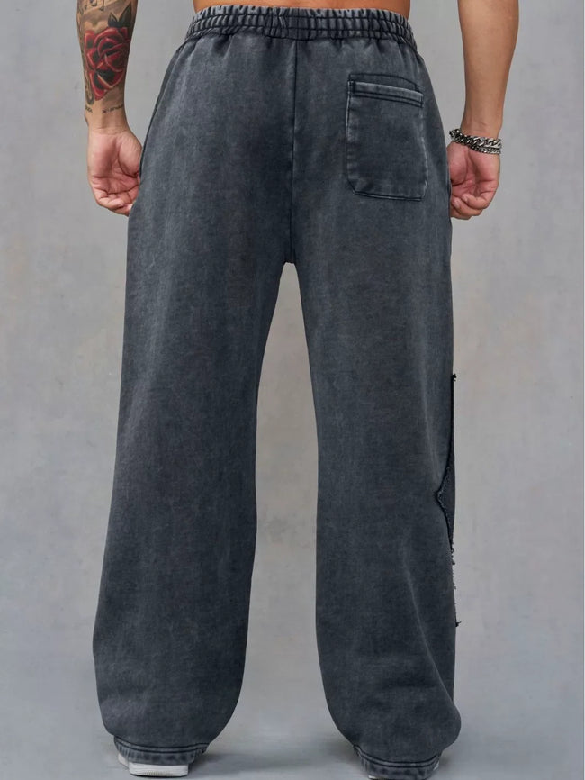 YOUNGLA Men's Acid Wash Gothic Cut-Out Appliqué Wide Leg Sweatpants Main Image