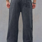 YOUNGLA Men's Acid Wash Gothic Cut-Out Appliqué Wide Leg Sweatpants