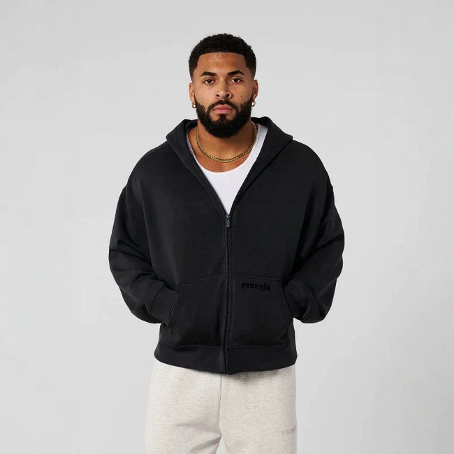 YOUNGLA- Black Zip-Up Hoodie Sweatshirt Hover Image