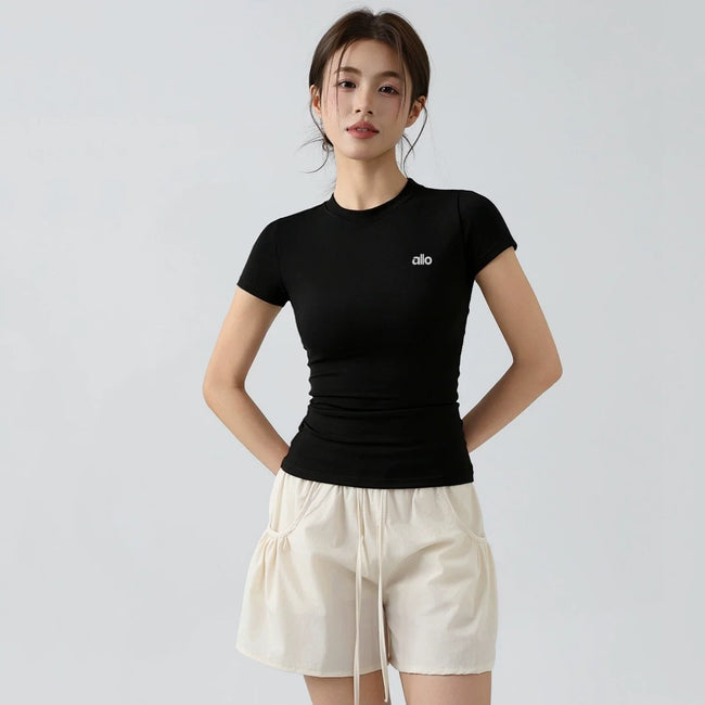 Alo Active Fitted Crewneck Performance Athletic Top Black Hover Image