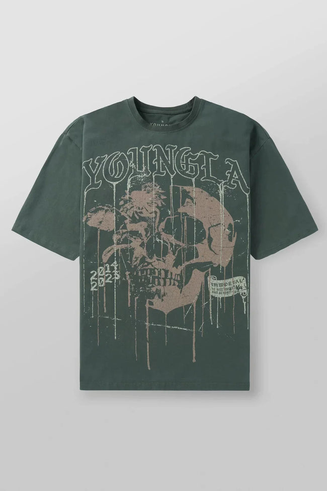 YoungLA Heavyweight Acid Wash Oversized Tee – Olive Green Drip Skull Graphic Hover Image