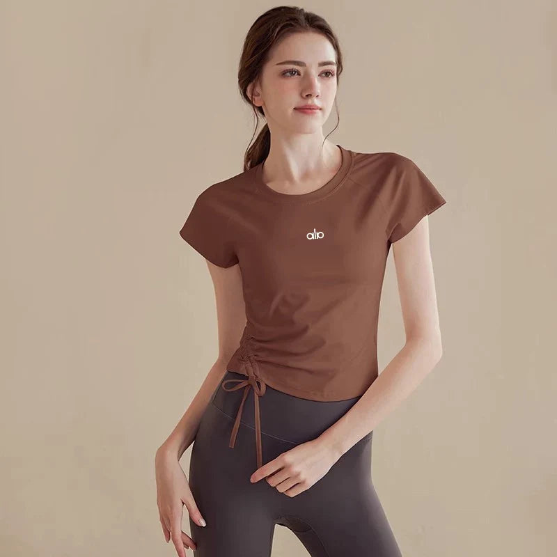 Alo Active Drawstring Ruched Performance Athletic Top Brown