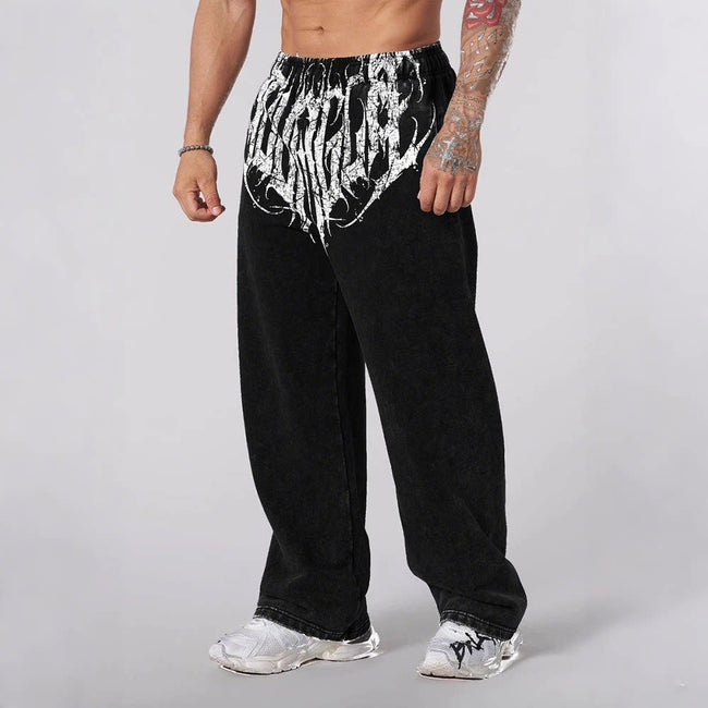 YOUNGLA Men's Gothic Graphic Acid Wash Wide Leg Sweatpants Hover Image