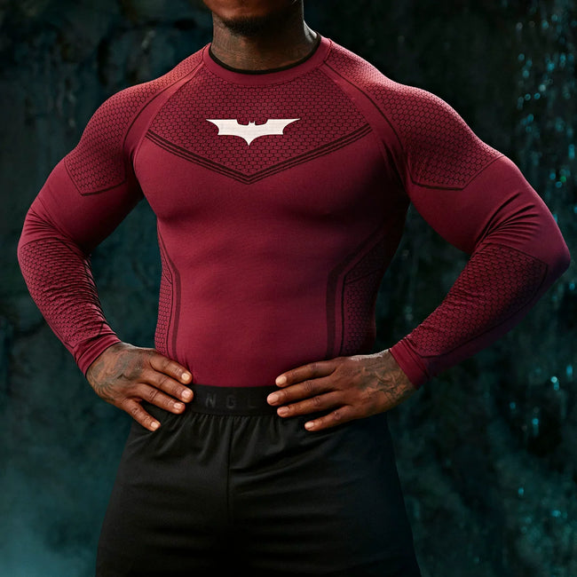 YOUNGLA Men's Superhero Honeycomb Armor Compression Long Sleeve Shirt Crimson Red Hover Image